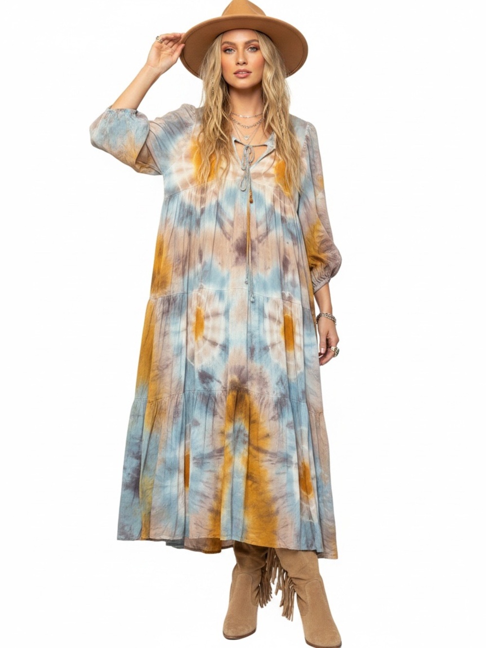 Young Fabulous Broke YFB Flowy Bohemian Maxi Puff Sleeves Tie-Dye Tiers Tie Boho